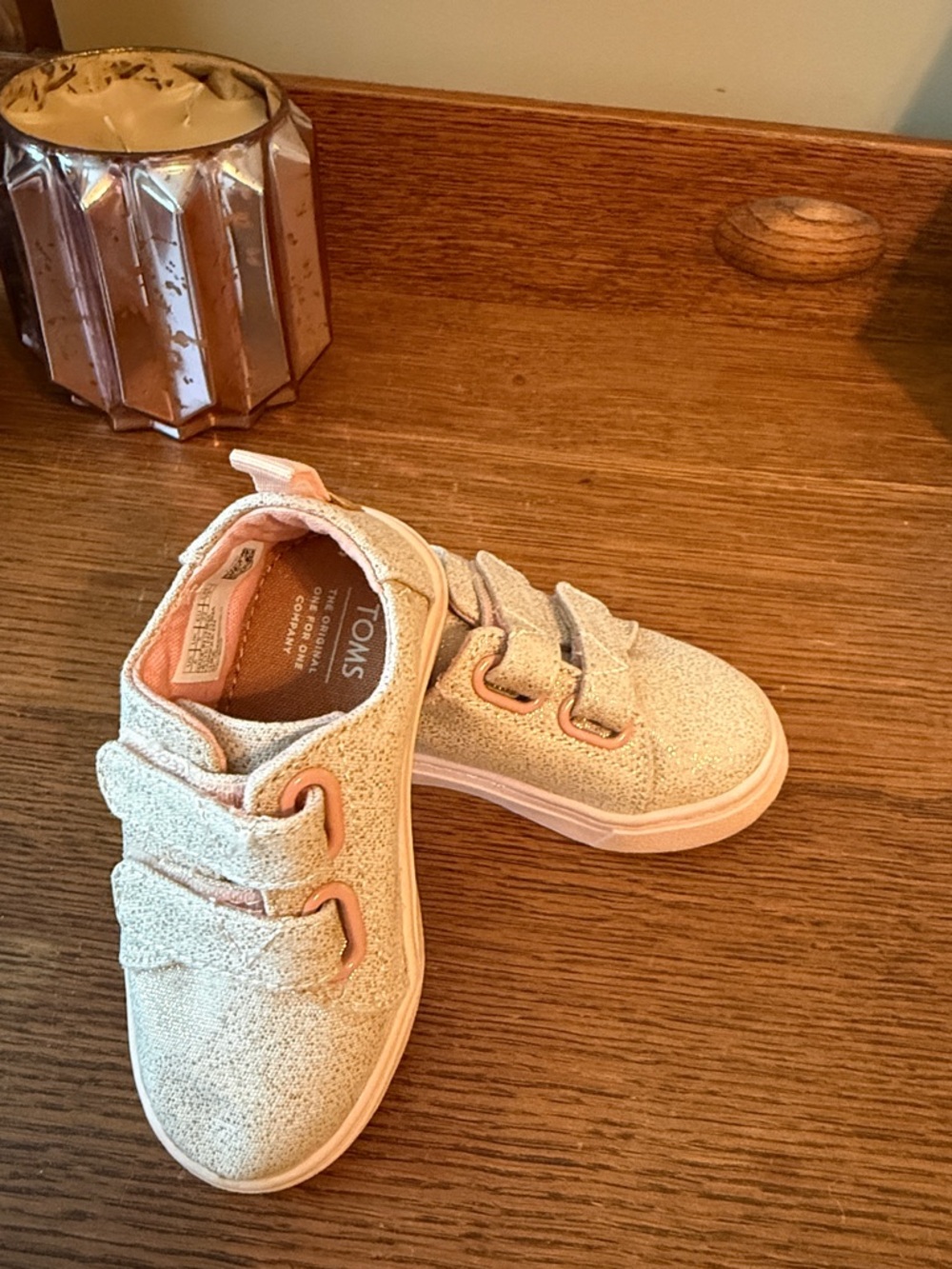TOMS Kids Sparkle Cream and Rise Gold Velcro Sneakers
